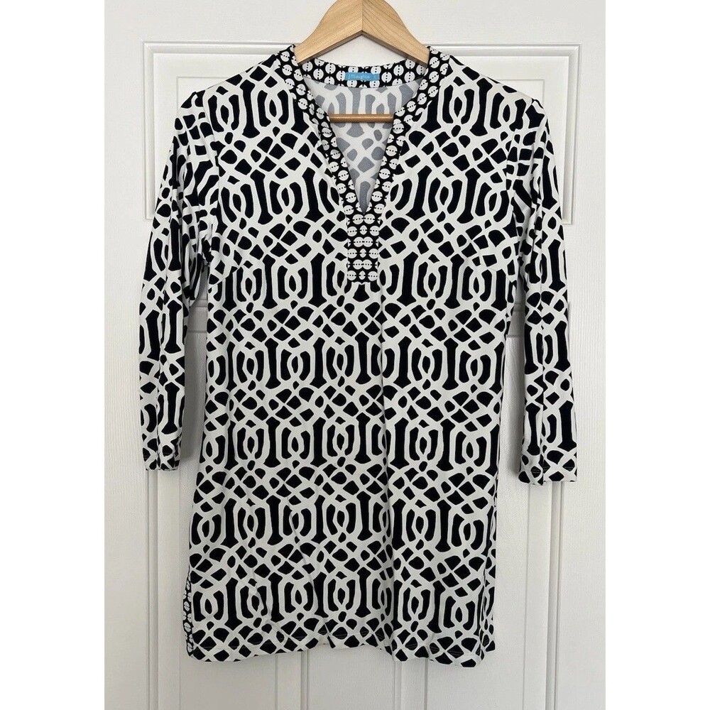 J. McLaughlin Catalina Cloth black/white geo print split neck Tunic Size Small